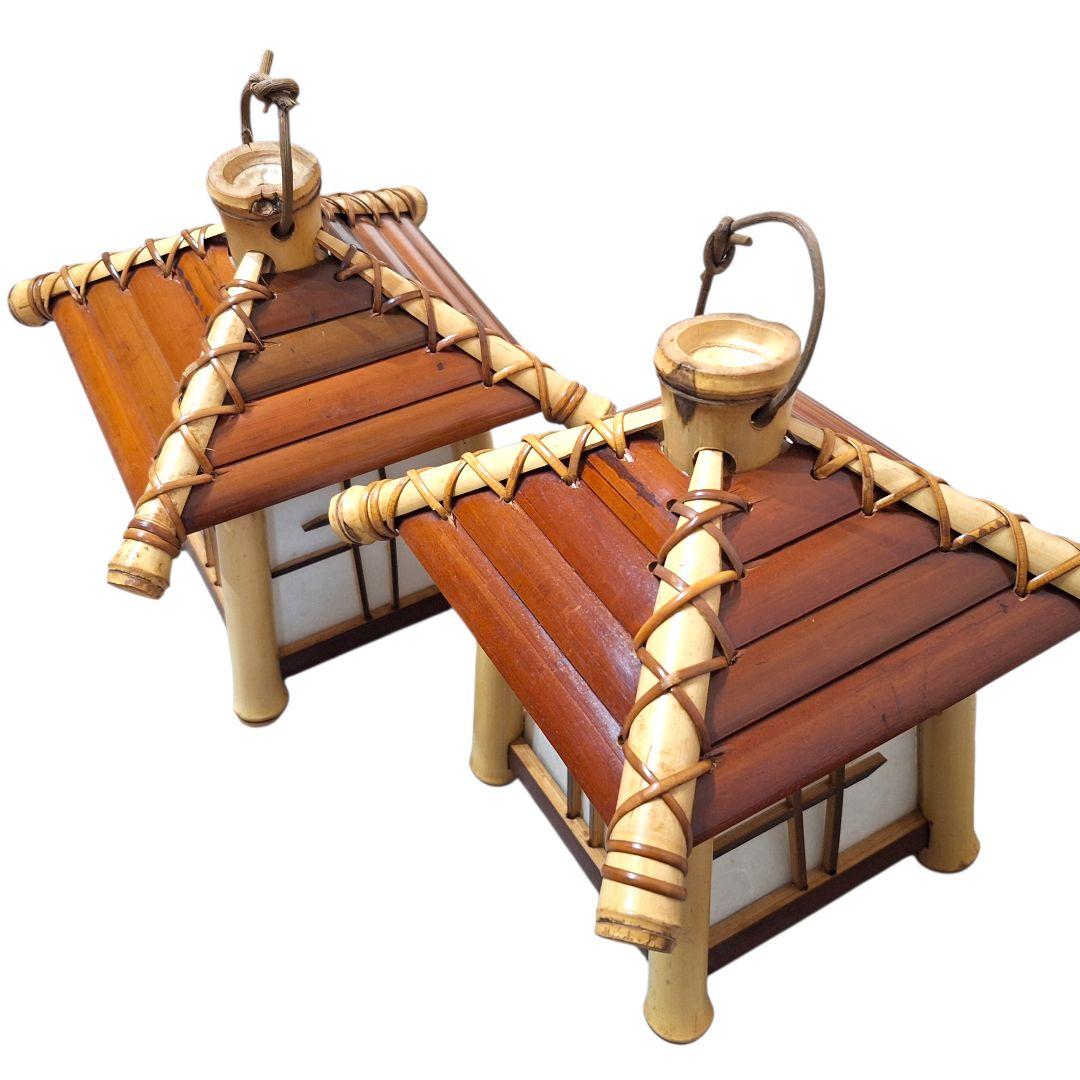 竹製 和風行灯 ランタン 一対 2点セット 古民家風 和紙 旅館 インテリア