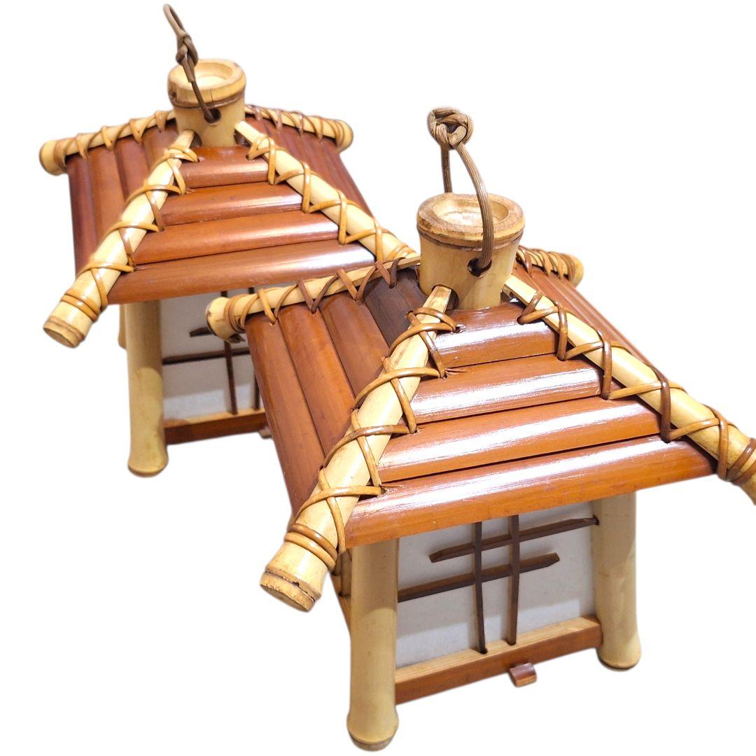 竹製 和風行灯 ランタン 一対 2点セット 古民家風 和紙 旅館 インテリア