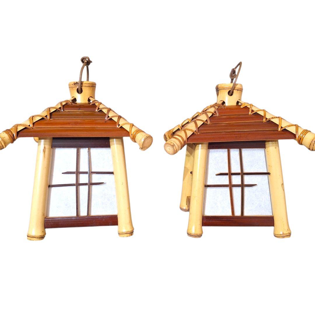 竹製 和風行灯 ランタン 一対 2点セット 古民家風 和紙 旅館 インテリア
