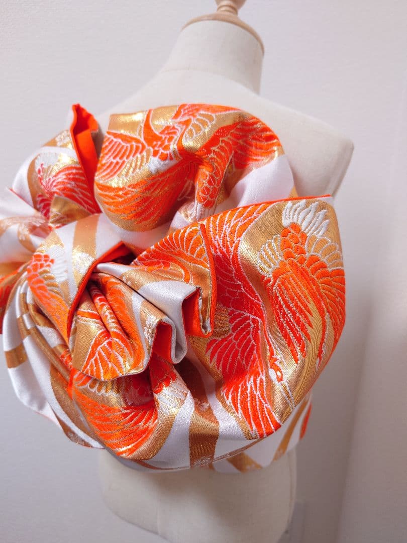 七五三　ハーフ成人式　ジュニア帯　袋帯からの作り帯　1点物　鶴柄　白系