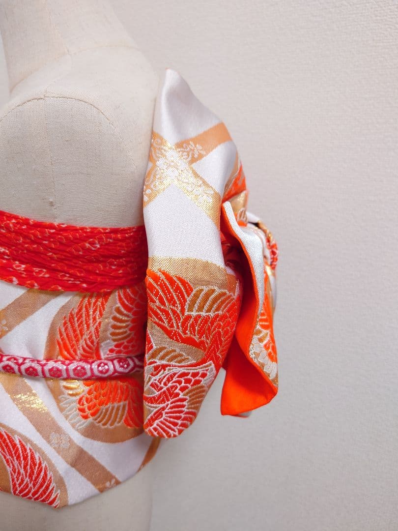 七五三　ハーフ成人式　ジュニア帯　袋帯からの作り帯　1点物　鶴柄　白系