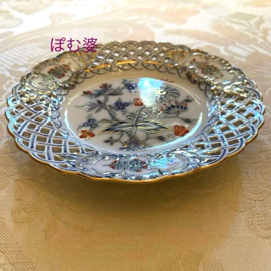 古マイセン】金彩 透かし皿 ピアスプレート「朱金オニオン／レッド