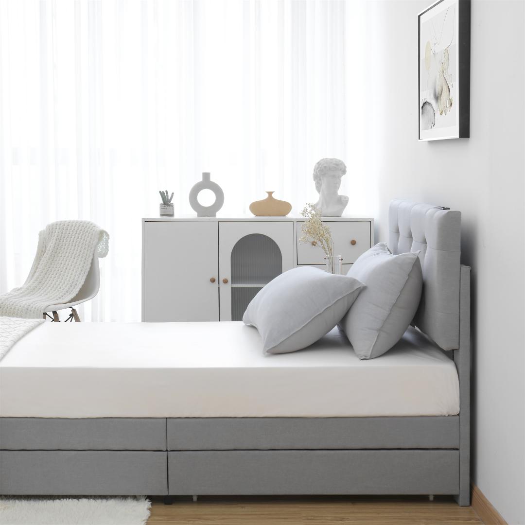 【新品】ライトグレー SDシングルベッド 布貼り 引き出し付き 北欧風
