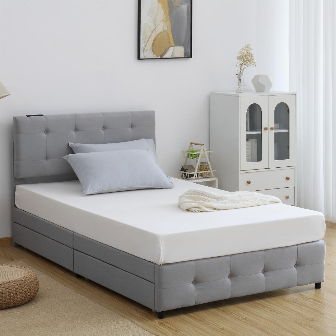 【新品】ライトグレー SDシングルベッド 布貼り 引き出し付き 北欧風