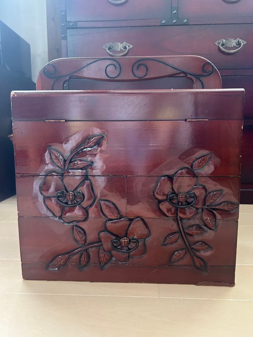 伝統工芸】鎌倉彫 裁縫箱 ソーイングボックス 手彫り 牡丹 3段 大容量