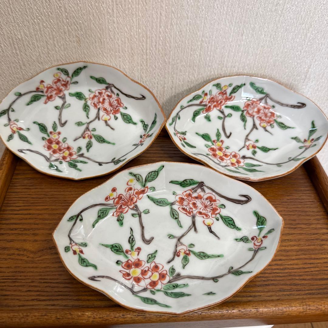 ⭐️九谷焼⭐️正木春蔵❤️色絵花折枝文菱形向付《小皿・向付16.0cm》 3枚セット