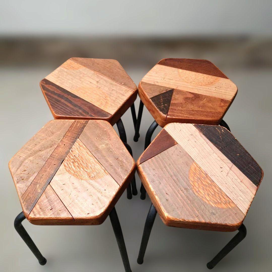 其のニ 古材パッチワーク椅子 スツール 鉄脚 正六角形 4点セット 古道具