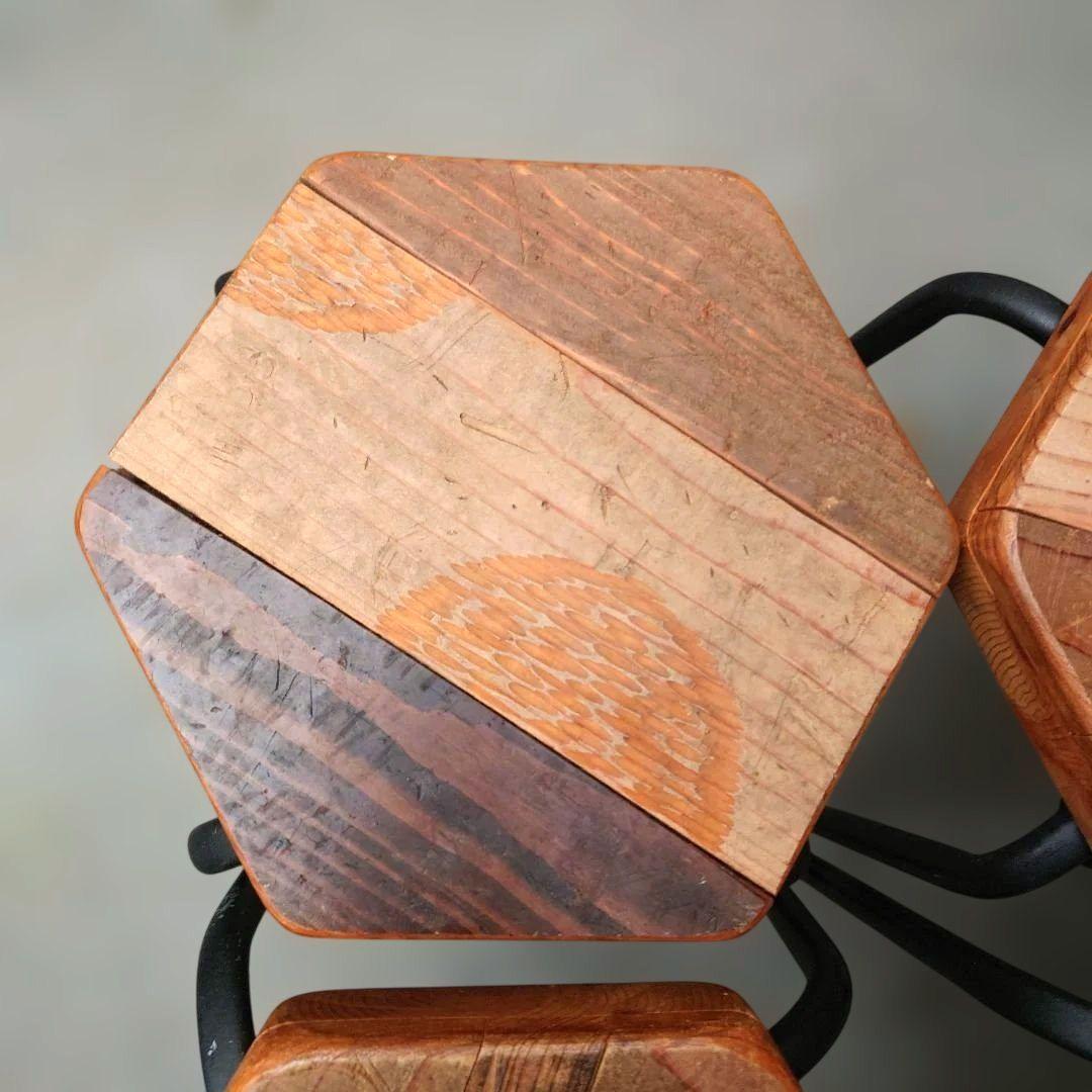 其のニ 古材パッチワーク椅子 スツール 鉄脚 正六角形 4点セット 古道具