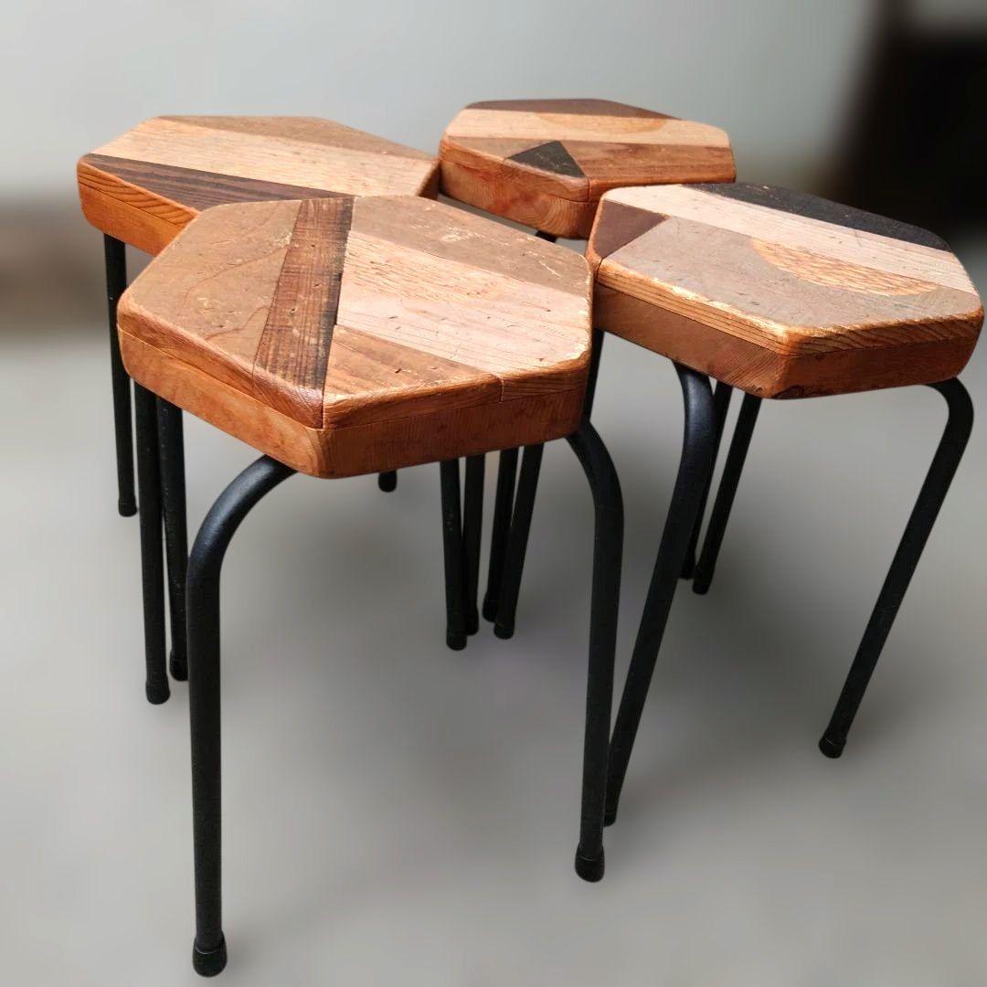 其のニ 古材パッチワーク椅子 スツール 鉄脚 正六角形 4点セット 古道具