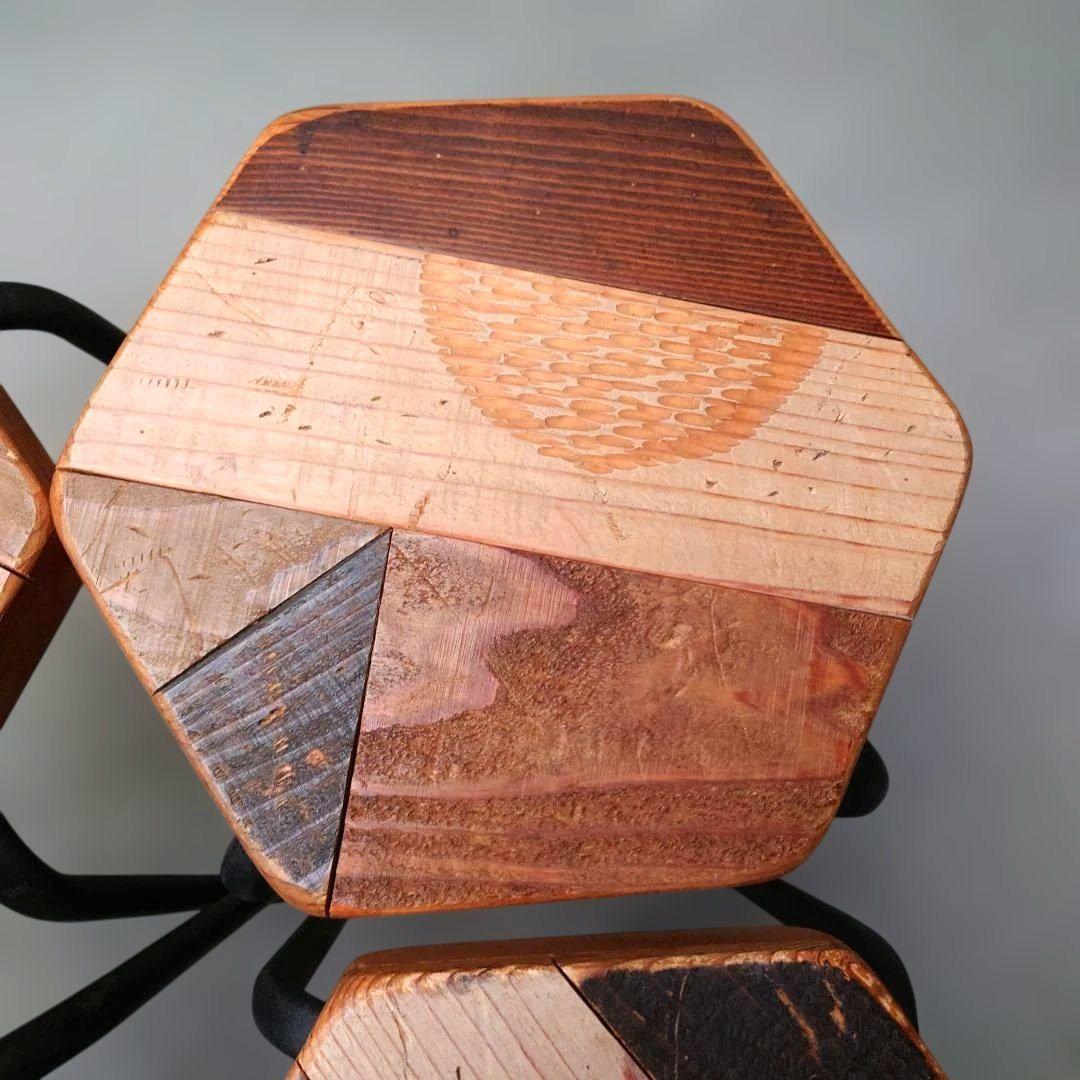 其のニ 古材パッチワーク椅子 スツール 鉄脚 正六角形 4点セット 古道具