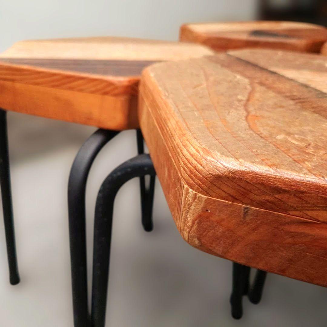 其のニ 古材パッチワーク椅子 スツール 鉄脚 正六角形 4点セット 古道具