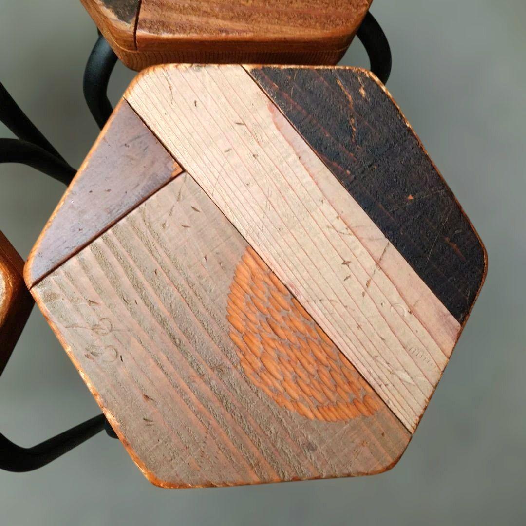 其のニ 古材パッチワーク椅子 スツール 鉄脚 正六角形 4点セット 古道具