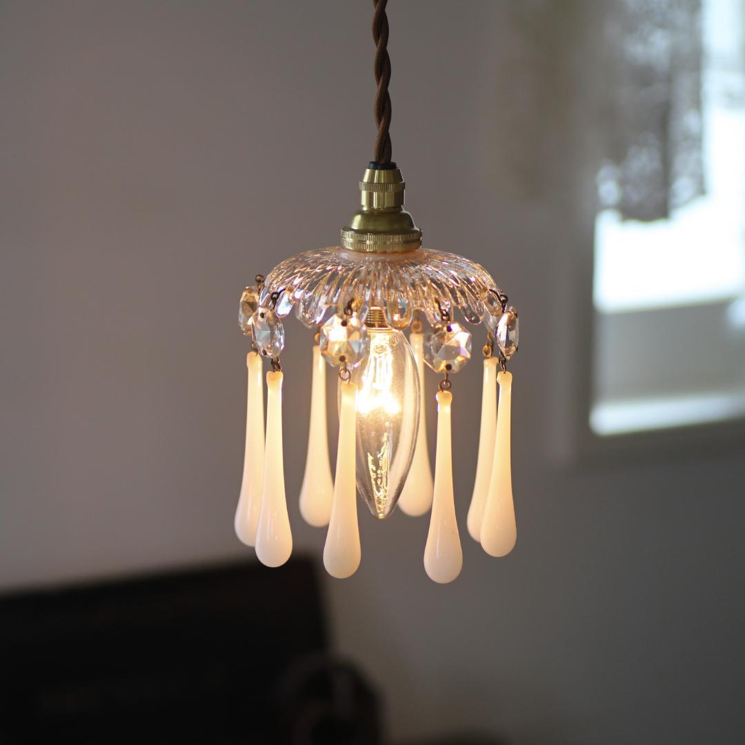 フランスアンティーク ホワイトオパリンガラス ミニシャンデリアシェード/ランプ