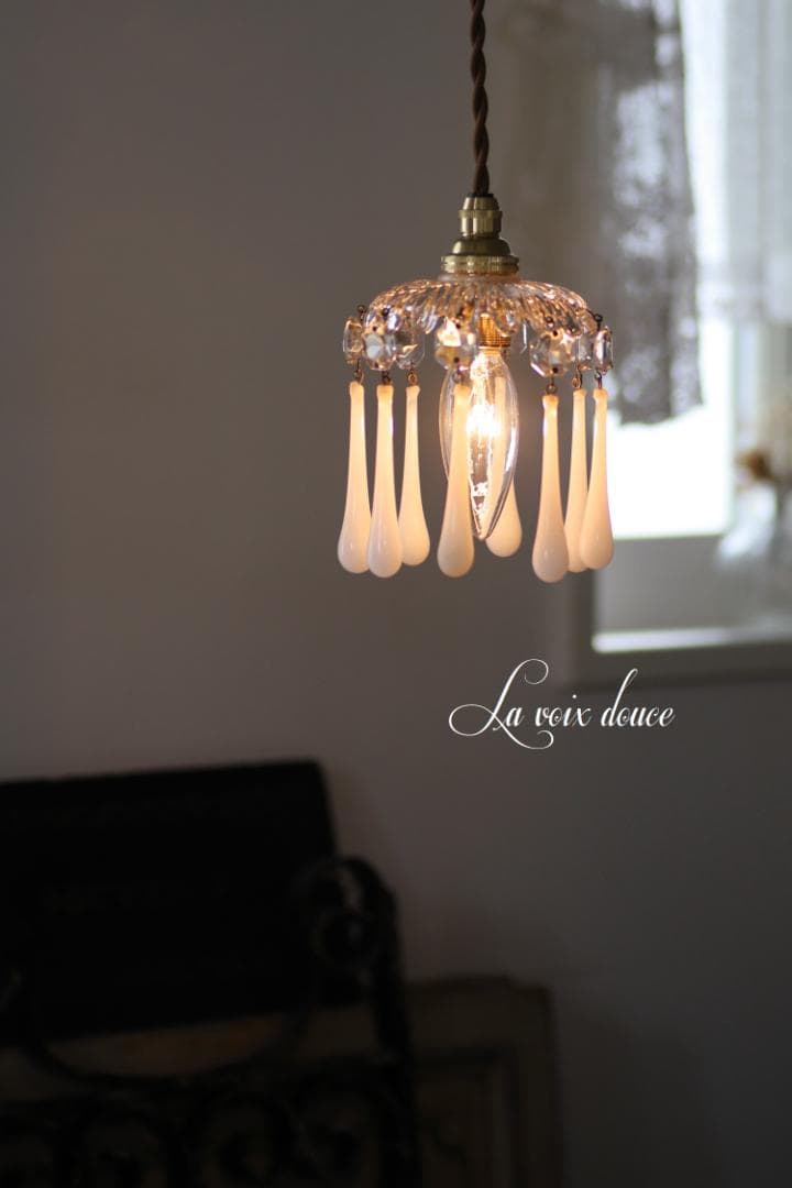 フランスアンティーク ホワイトオパリンガラス ミニシャンデリアシェード/ランプ