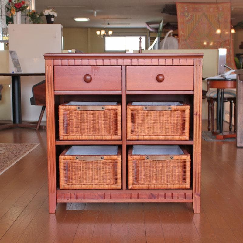 キャビネット ラタンバスケット付 ナチュラル チェスト 収納 214-1325