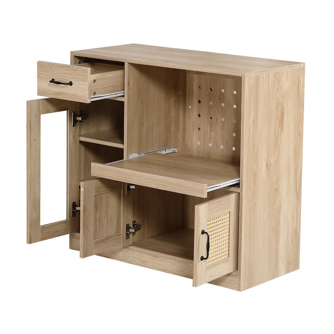 ラタン調キッチンカウンター　幅88cm　引き出し付き・扉付き　NATURAL