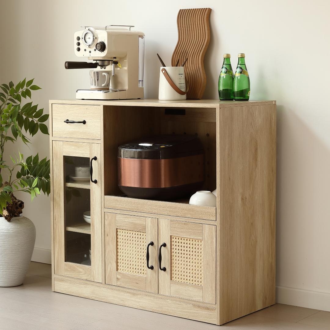 ラタン調キッチンカウンター　幅88cm　引き出し付き・扉付き　NATURAL