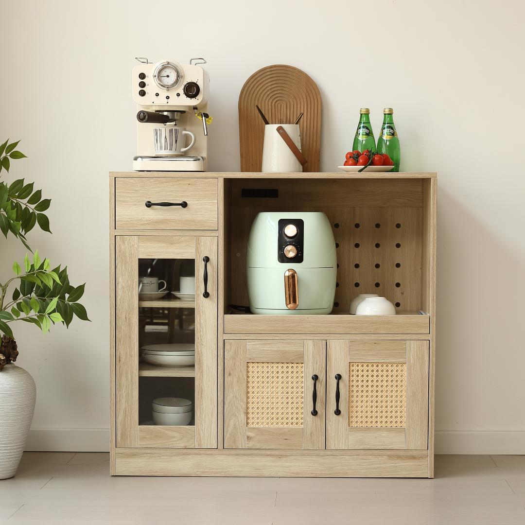 ラタン調キッチンカウンター　幅88cm　引き出し付き・扉付き　NATURAL