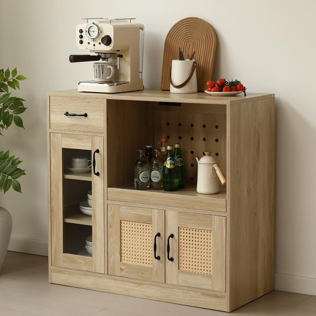 ラタン調キッチンカウンター　幅88cm　引き出し付き・扉付き　NATURAL