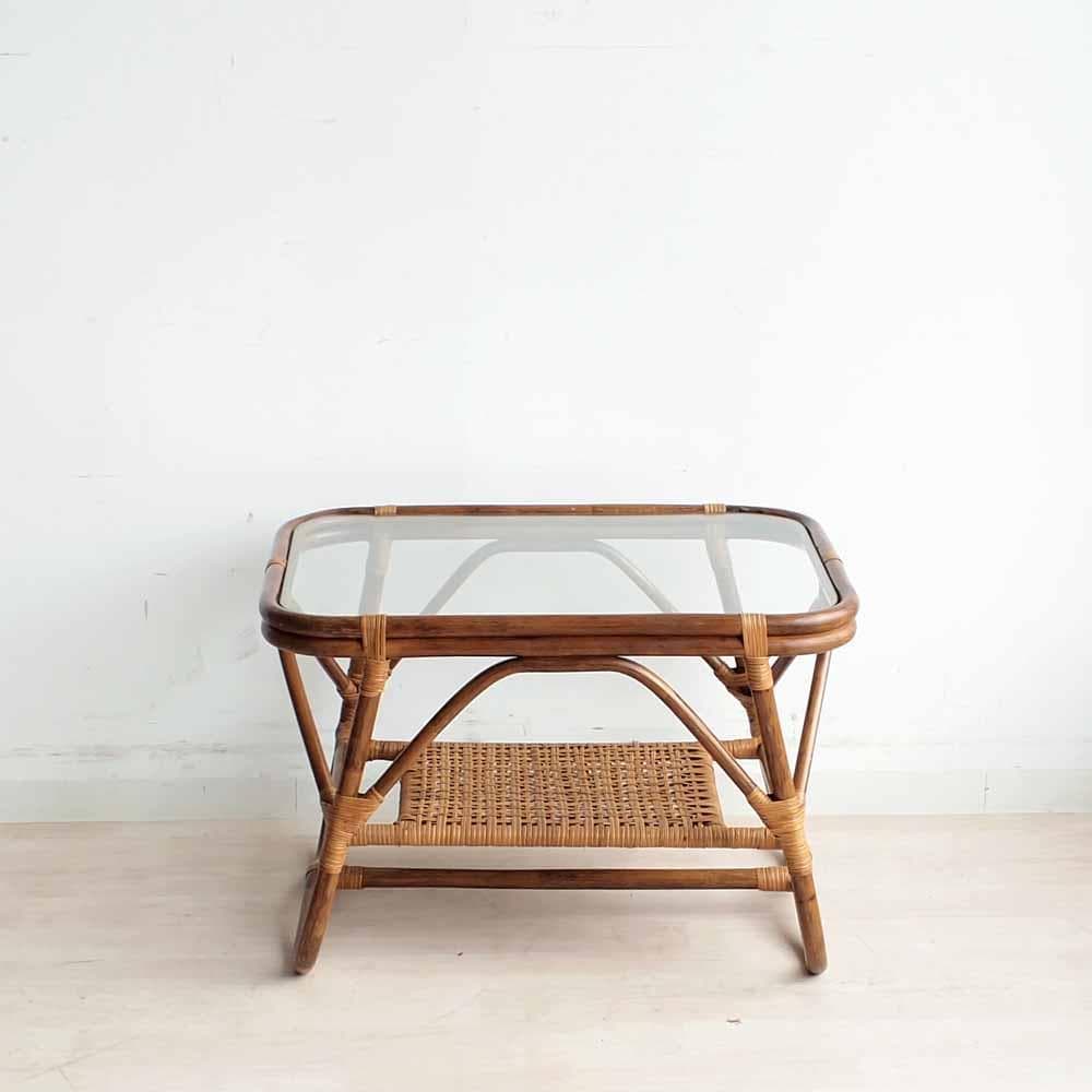 ビンテージ ラタンのコーヒーテーブル ガラス天板 籐 レトロ ZR24200