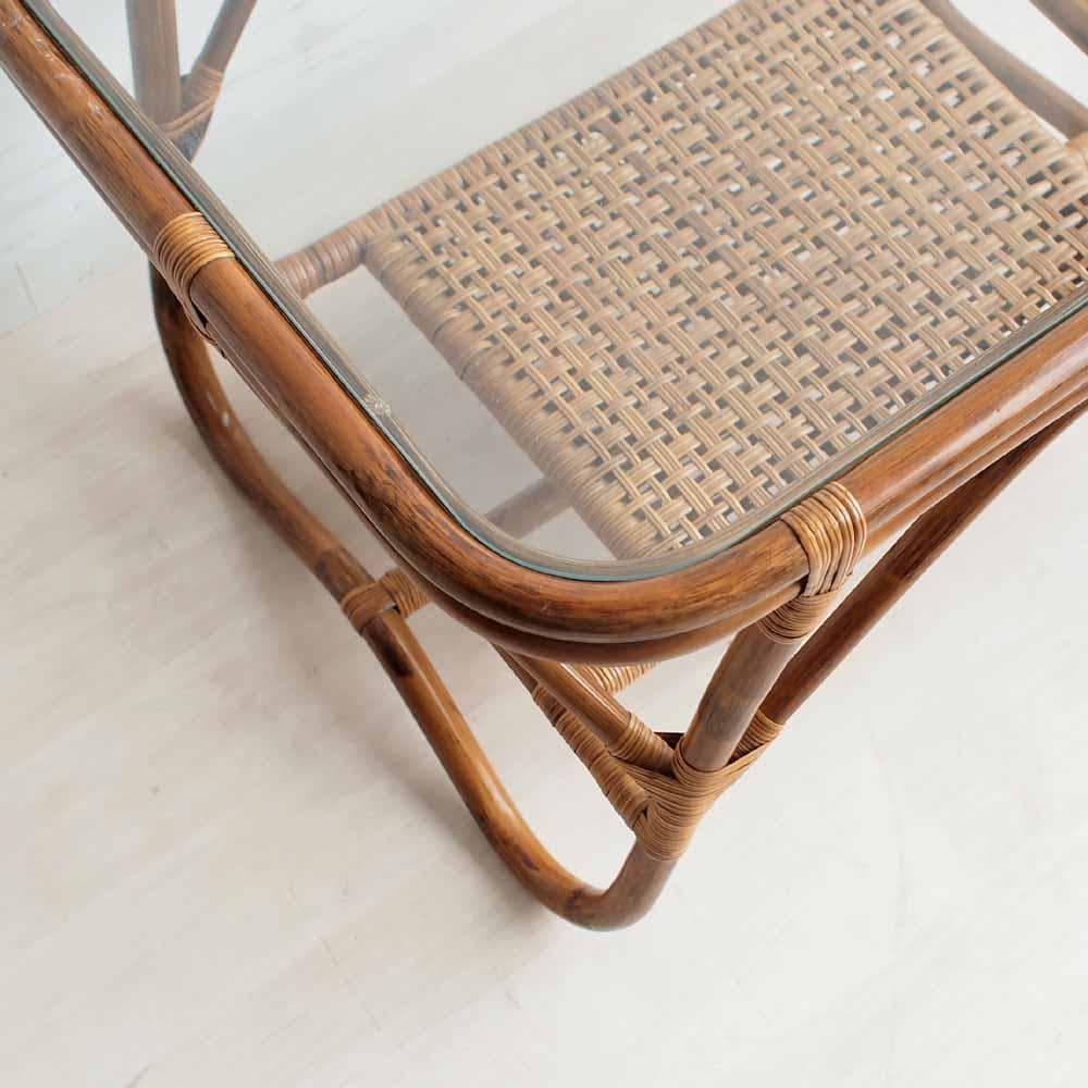ビンテージ ラタンのコーヒーテーブル ガラス天板 籐 レトロ ZR24200