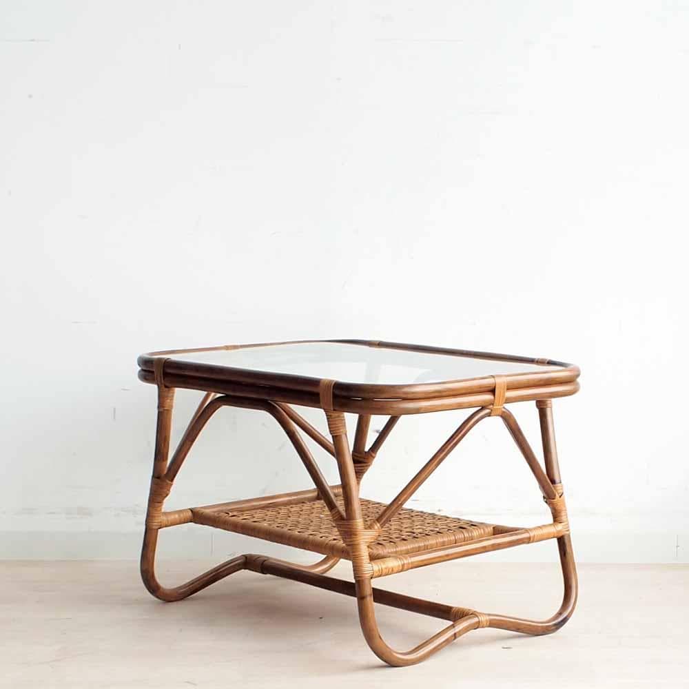 ビンテージ ラタンのコーヒーテーブル ガラス天板 籐 レトロ ZR24200