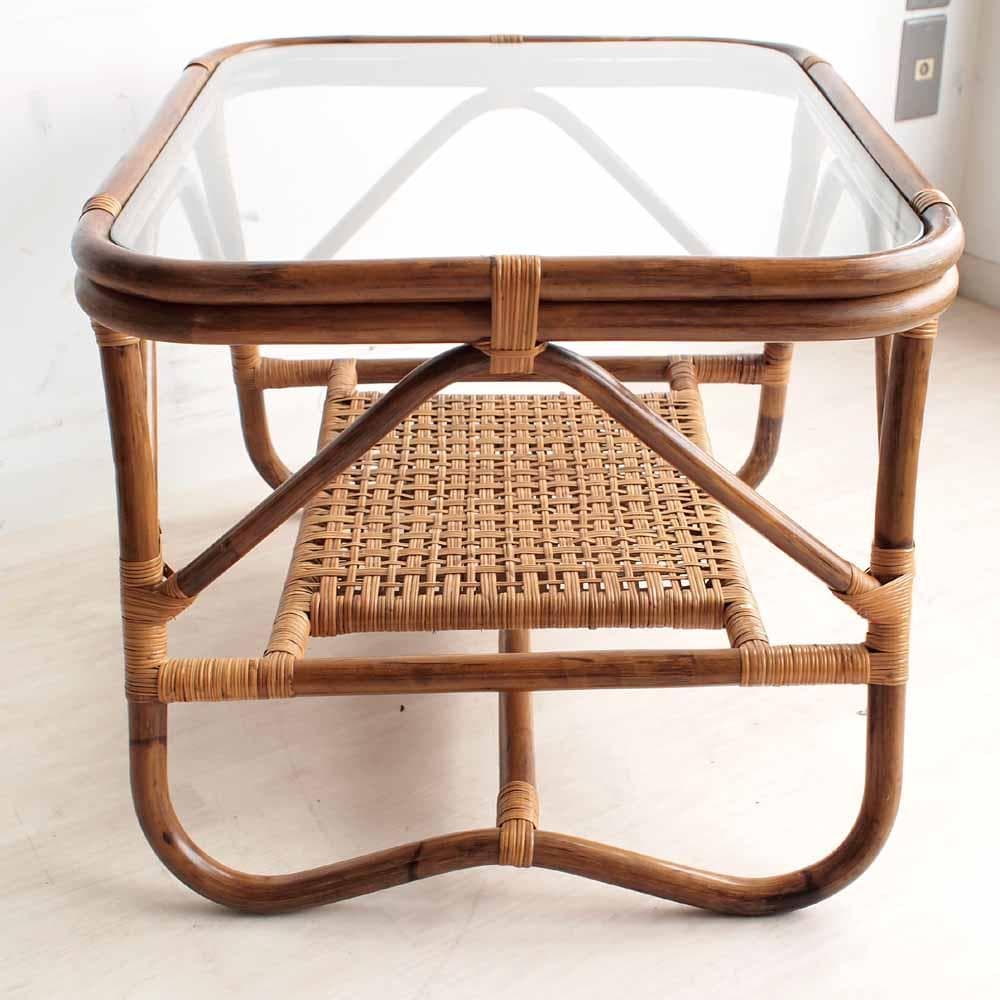 ビンテージ ラタンのコーヒーテーブル ガラス天板 籐 レトロ ZR24200