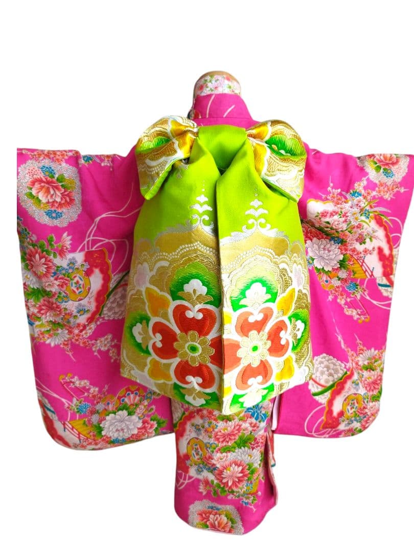 専用です　アンティーク明るいピンクの着物に黄緑のだらり帯セット