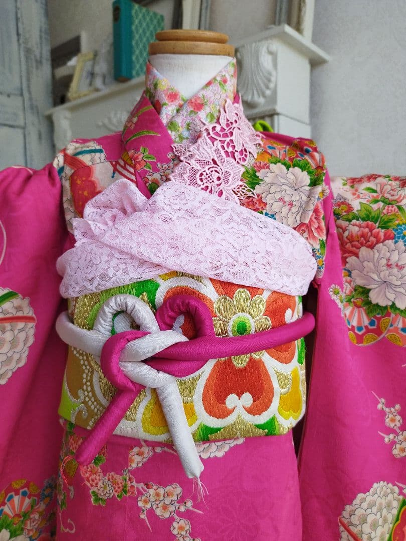 専用です　アンティーク明るいピンクの着物に黄緑のだらり帯セット