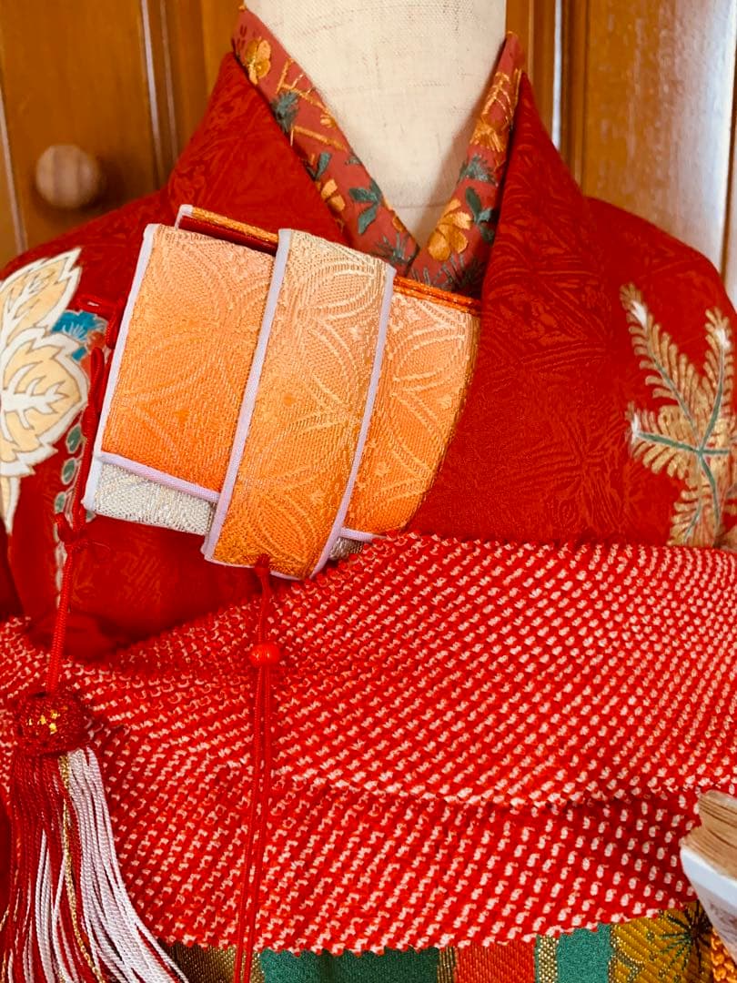 七五三　三歳の女の子のお支度　正絹お宮参り初着　襦袢まで全て正絹お着物フルセット