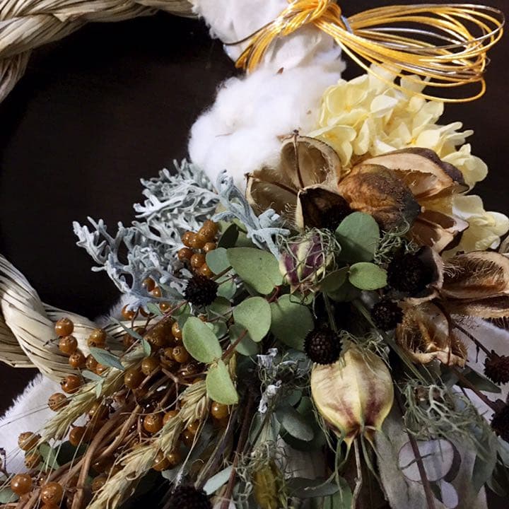 71自家栽培ドライ含む しめ縄飾り 正月 松飾り 注蓮 プリザーブド スワッグ