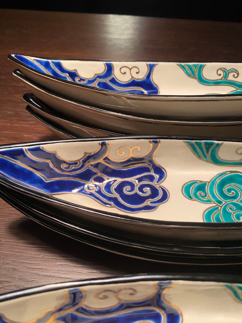 京焼　向付　仁清流水舟形向付5客　新品未使用