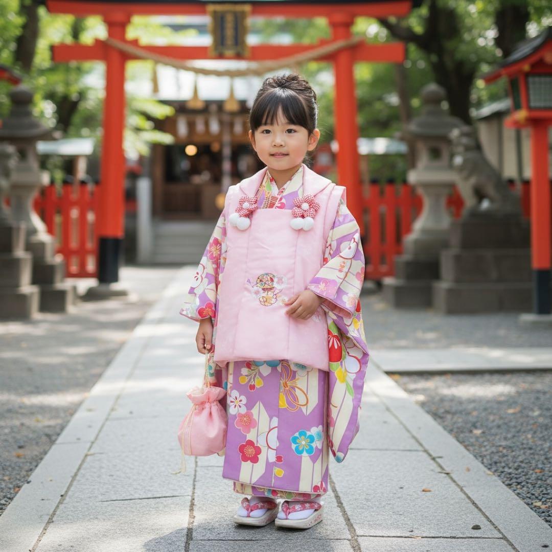 3歳七五三 着物セット　女の子 ピンク　紫　ストライプ　花柄刺繍　小町kids