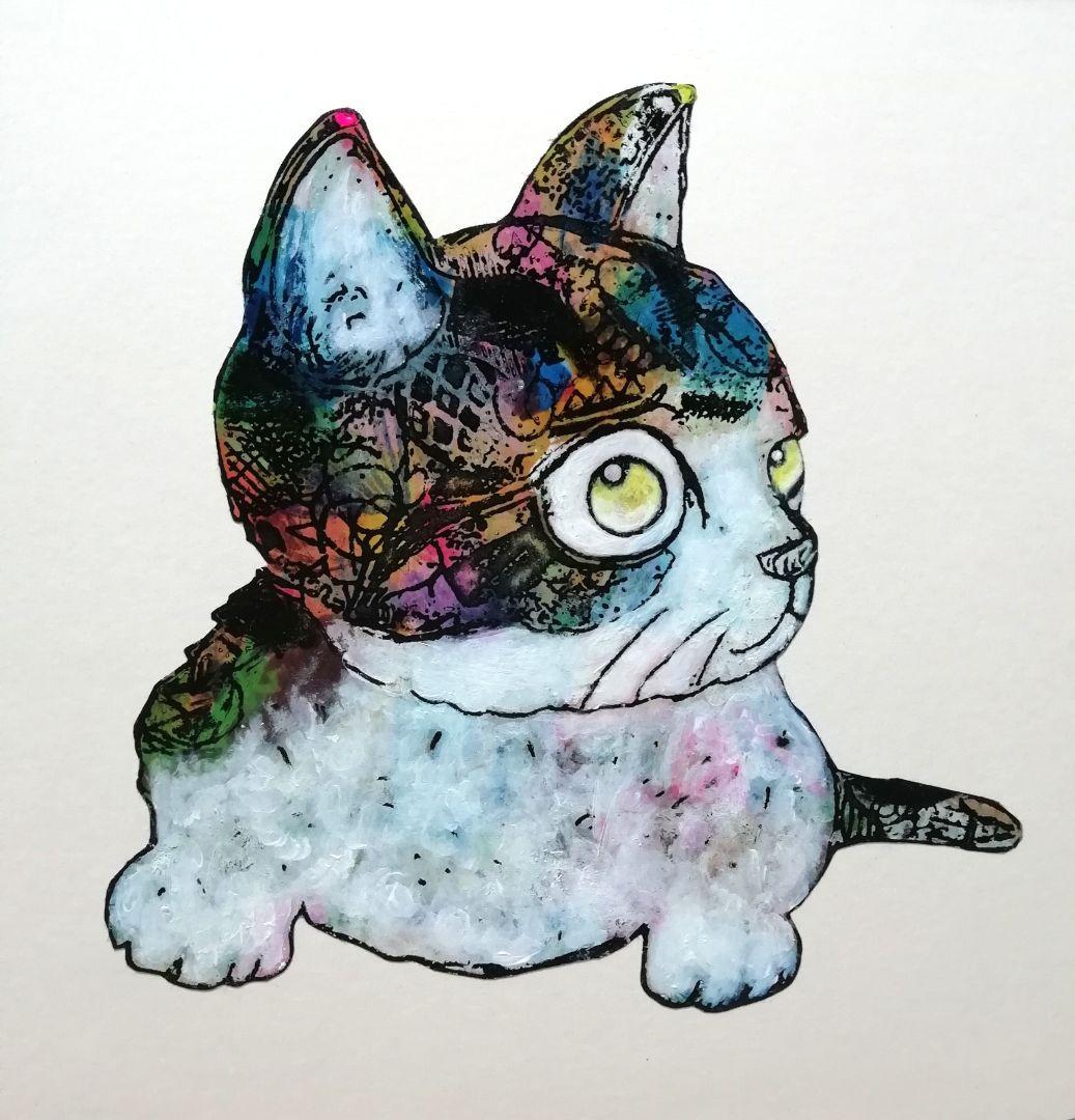 額付き銅版画応用絵画　title「てこてこニャンコ」