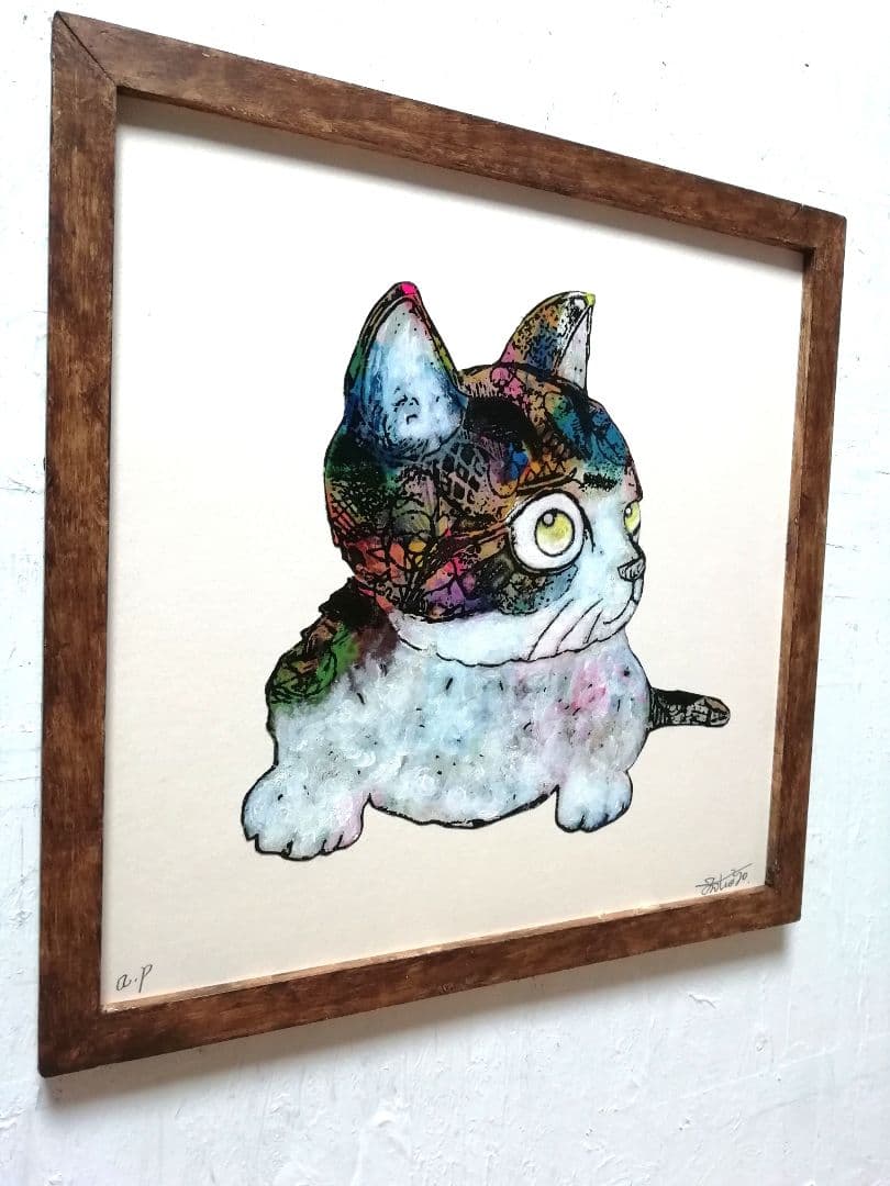 額付き銅版画応用絵画　title「てこてこニャンコ」