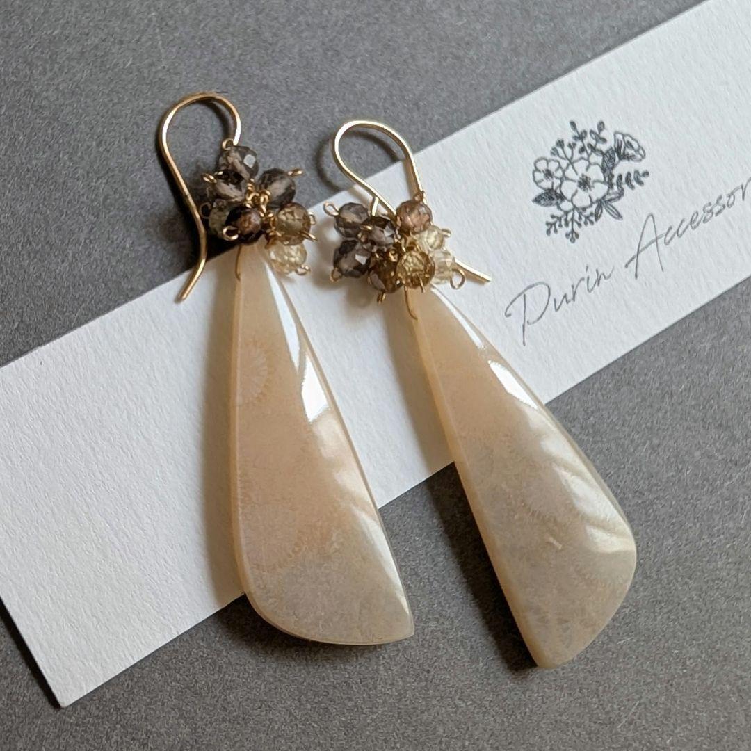 ピンクフォッシルコーラル ピアス