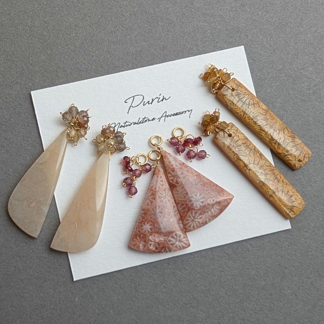 ピンクフォッシルコーラル ピアス