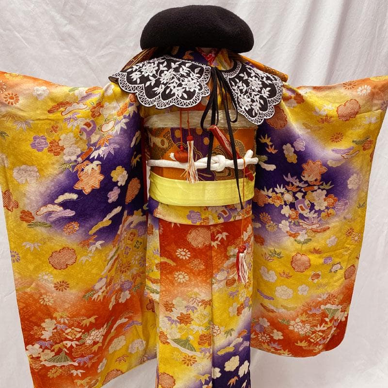 508ag88◎七五三 七歳 女児 アンティーク着物&丸帯 総柄 濃い朱色◎