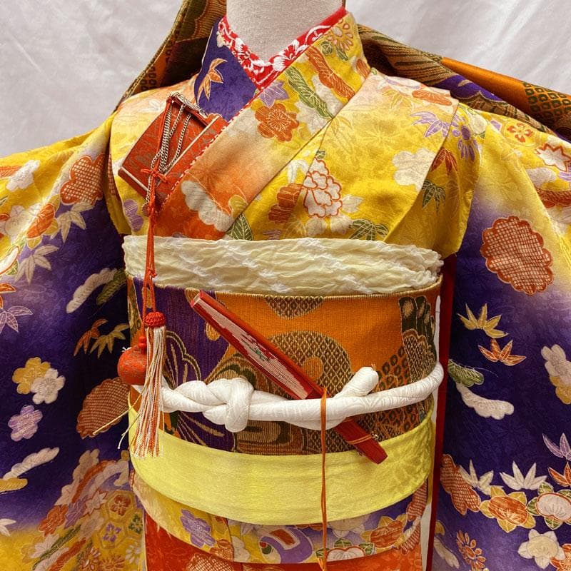 508ag88◎七五三 七歳 女児 アンティーク着物&丸帯 総柄 濃い朱色◎