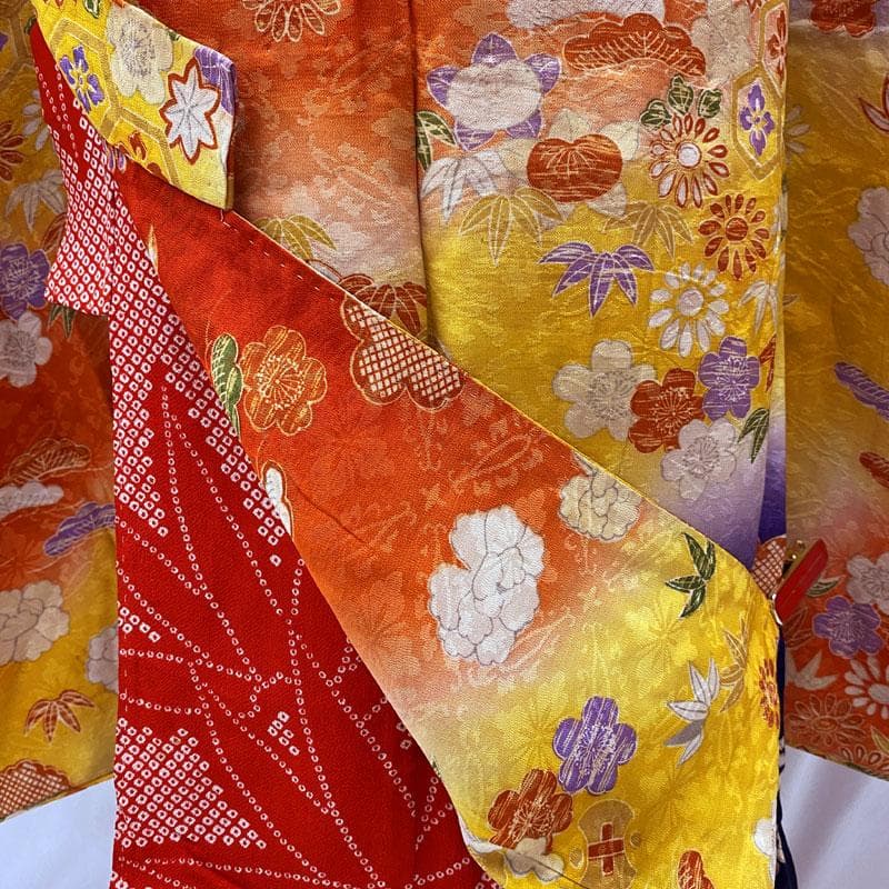 508ag88◎七五三 七歳 女児 アンティーク着物&丸帯 総柄 濃い朱色◎