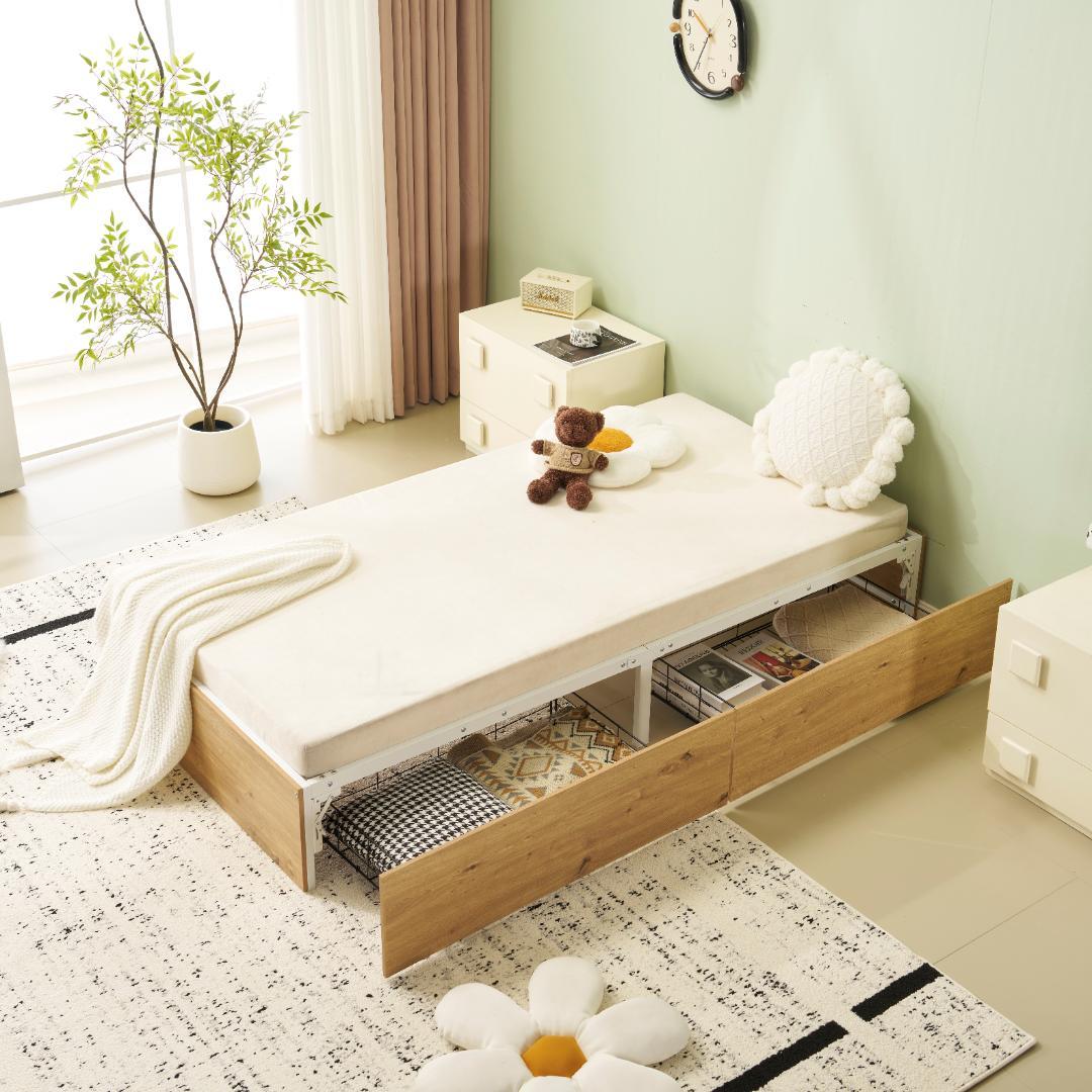 タイムセール！パイプベッド　折りたたみ可能　引き出し付き　省スペース　WHITE