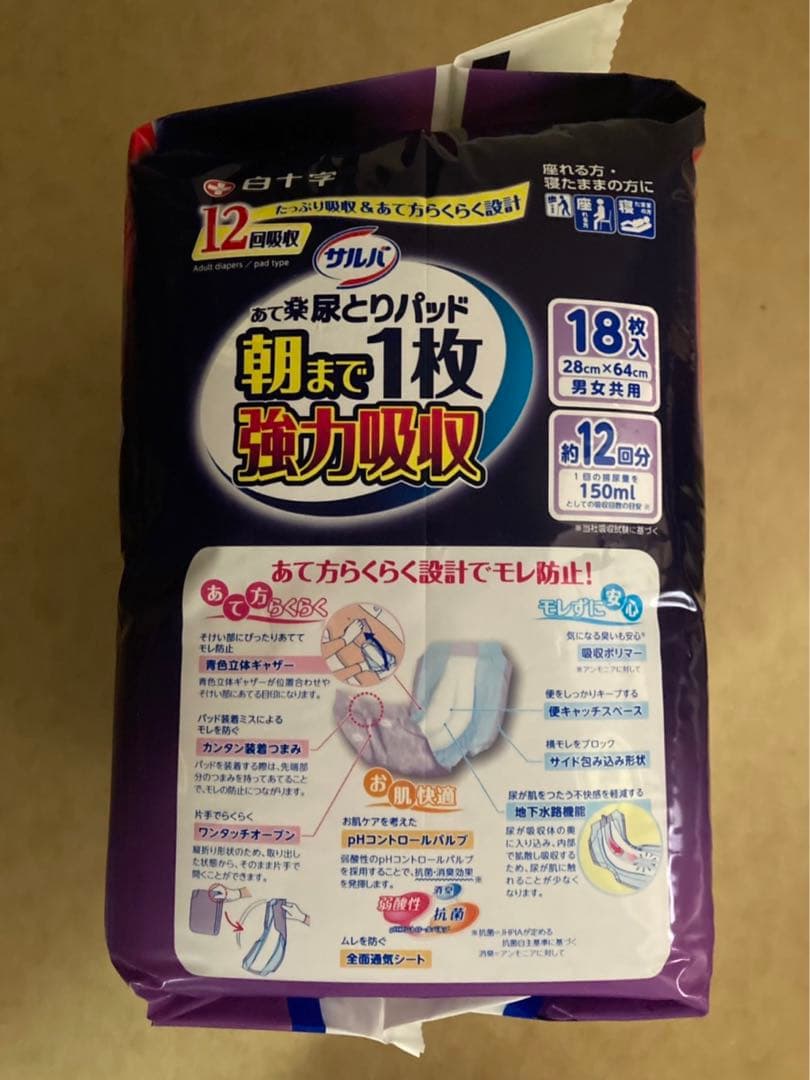 白十字 サルバ あて楽尿とりパッド 朝まで1枚強力吸収男女共用 12回吸収 6袋