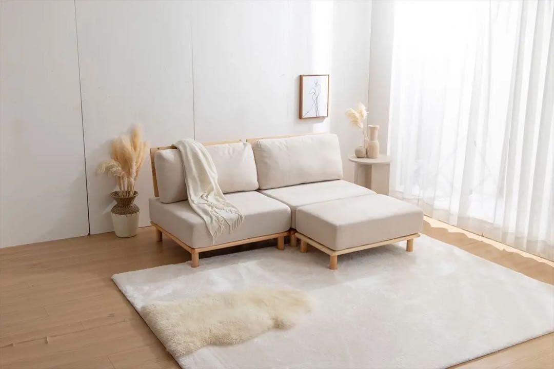 【引取限定】2人掛け　ソファ　ファブリックローソファ2脚+オットマン1脚