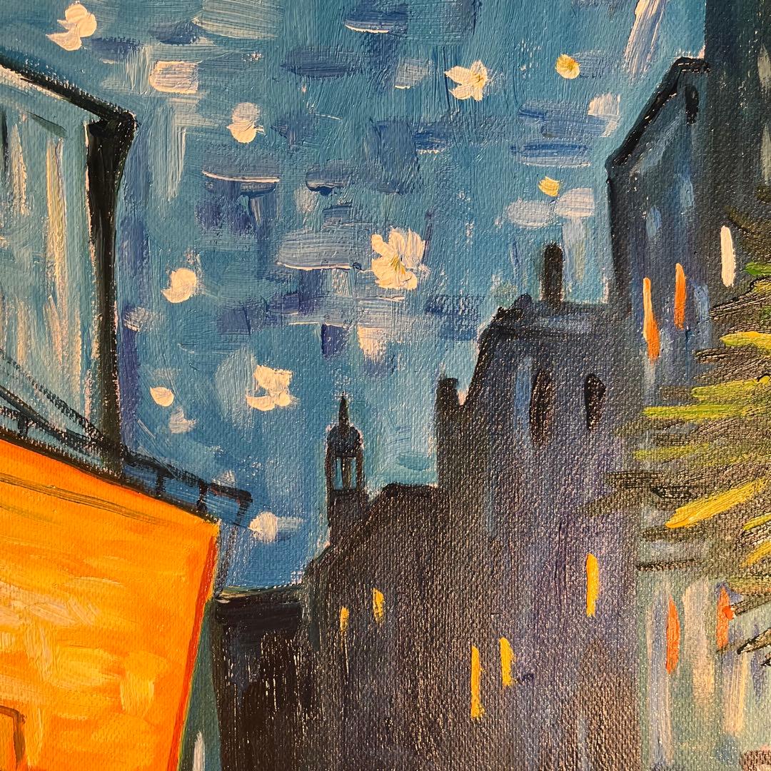 ★秀作★手書き油絵 ゴッホ 夜のカフェテラス 額付 絵画 インテリア 油彩画