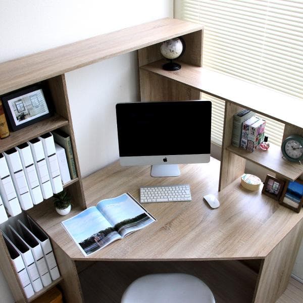 《新品・送料無料》パソコンデスク コーナー ハイタイプ 書棚付き オーク 北欧風