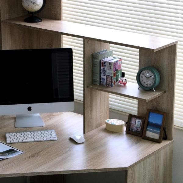 《新品・送料無料》パソコンデスク コーナー ハイタイプ 書棚付き オーク 北欧風