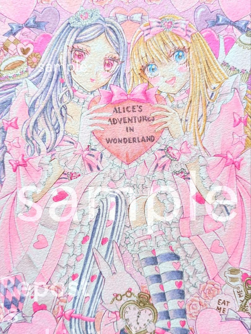 手描きイラスト　オリジナル　創作　原画　『ピンクの国へようこそ！』アリス　女の子