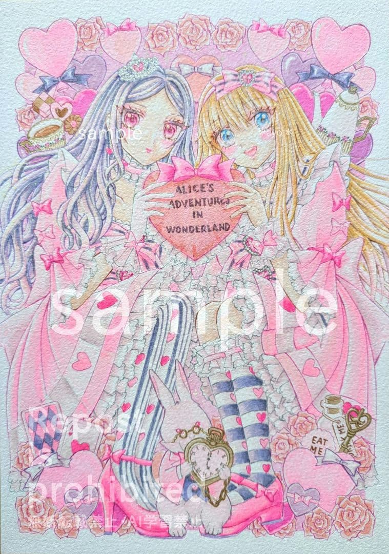 手描きイラスト　オリジナル　創作　原画　『ピンクの国へようこそ！』アリス　女の子