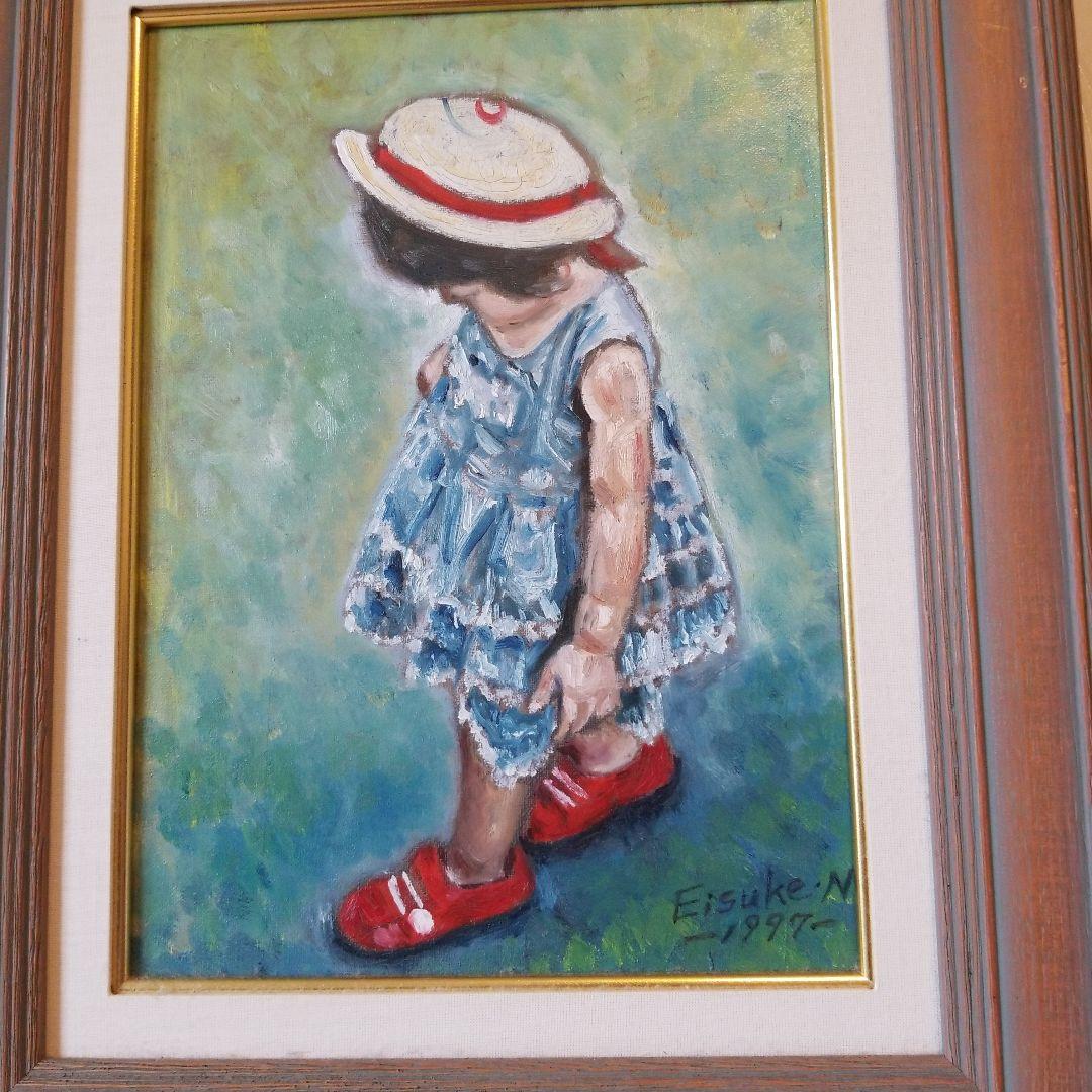 油絵　絵画　題名《　赤い靴　》F4 額付き 2000年