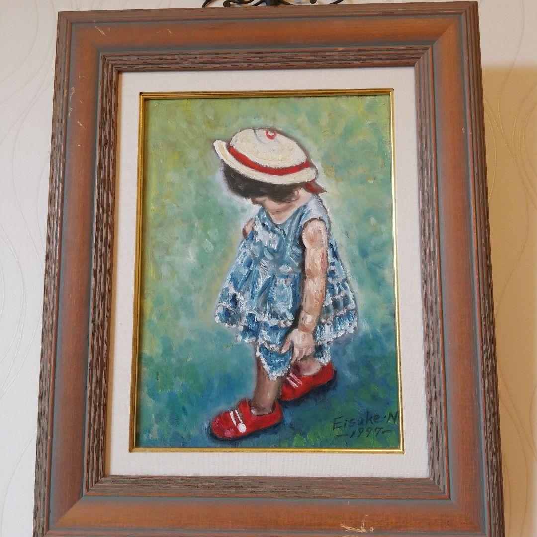 油絵　絵画　題名《　赤い靴　》F4 額付き 2000年